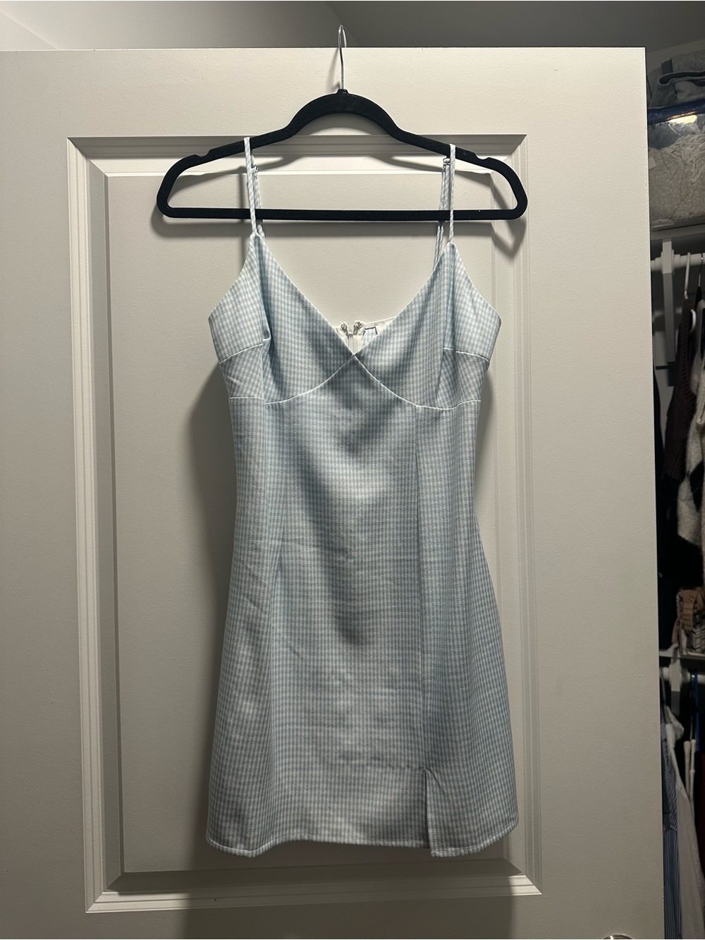 Light Blue Gingham Slip Dress with Spaghetti Straps